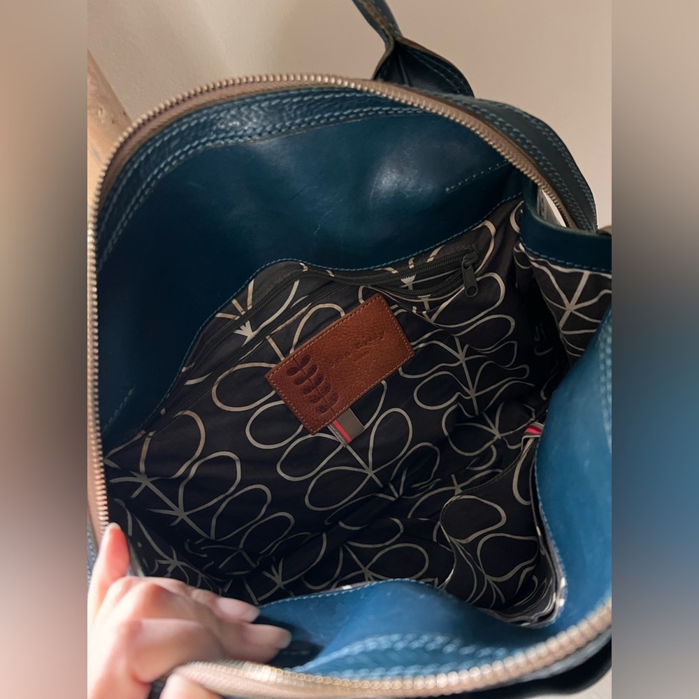 Orla Kiely large blue leather satchel purse tote red embroidery flower - Picture 6 of 14